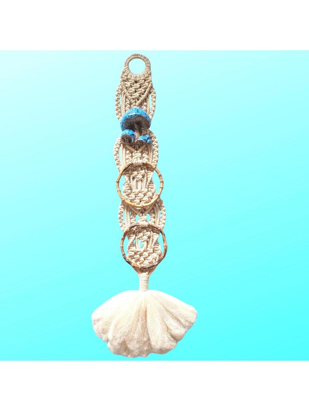 Vintage Macrame Towel Holder with Bamboo Rings & Ceramic Mushroom Bead